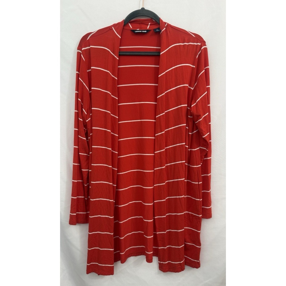 Lands‎ End Red White Striped Jersey Knit Open Cardigan Pockets Womens Size M